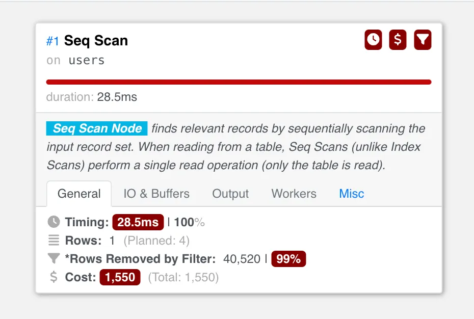 query plan without index, database doing a sequential scan, total time: ~28.5 ms